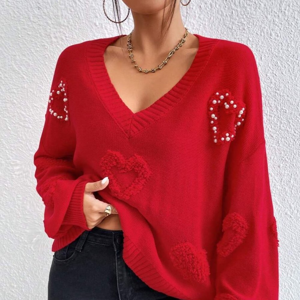 Oversized Red Heart  Pearls Pullover Sweater